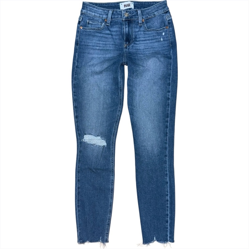 PAIGE Verdugo Ankle Skinny Jeans Raw Hem Mid Rise Size 26 Distressed Knee
